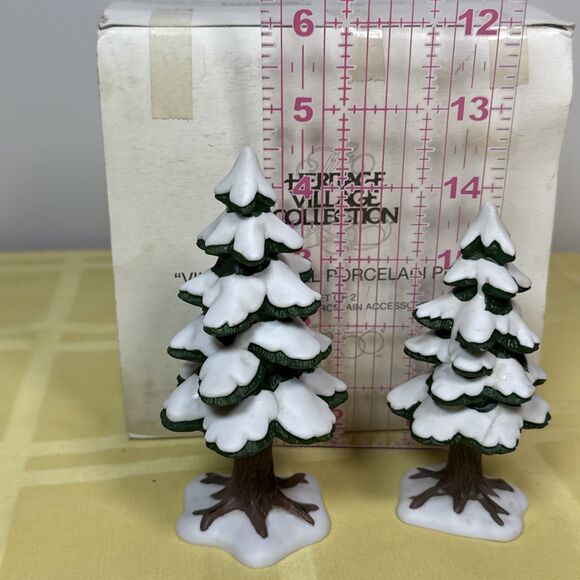 Department 56 set of 2 Village Small Porcelain Pine Trees 5" 4" 5251-1 With Box - Picture 9 of 10